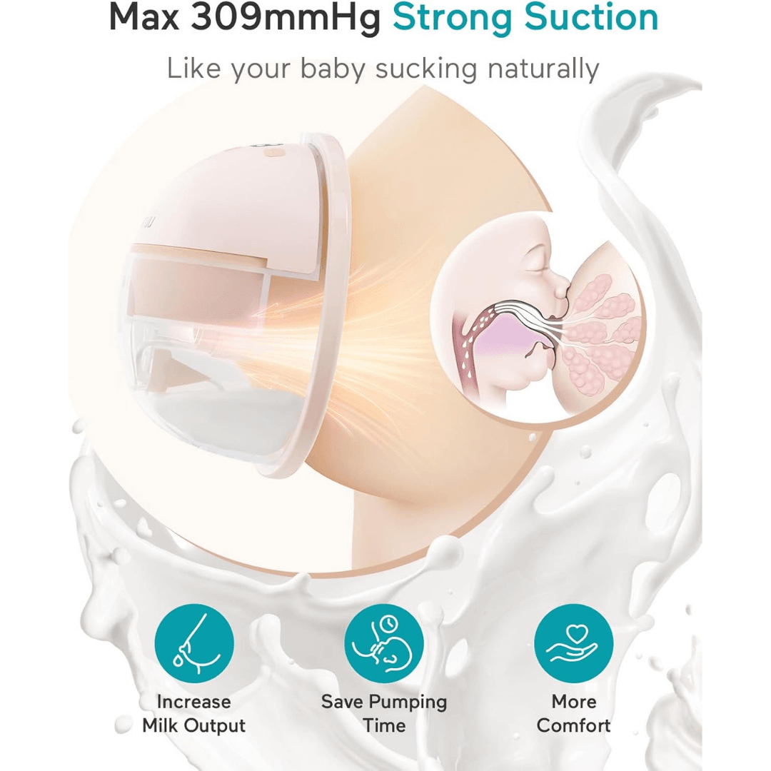 Wearable electric breast pump demonstrating strong suction to increase milk output and save pumping time.