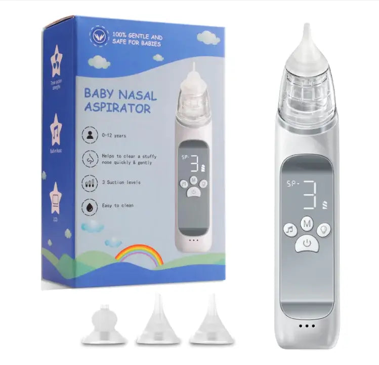 Baby electric nasal aspirator with silicone mouthpiece and packaging, designed for gentle nasal clearing.