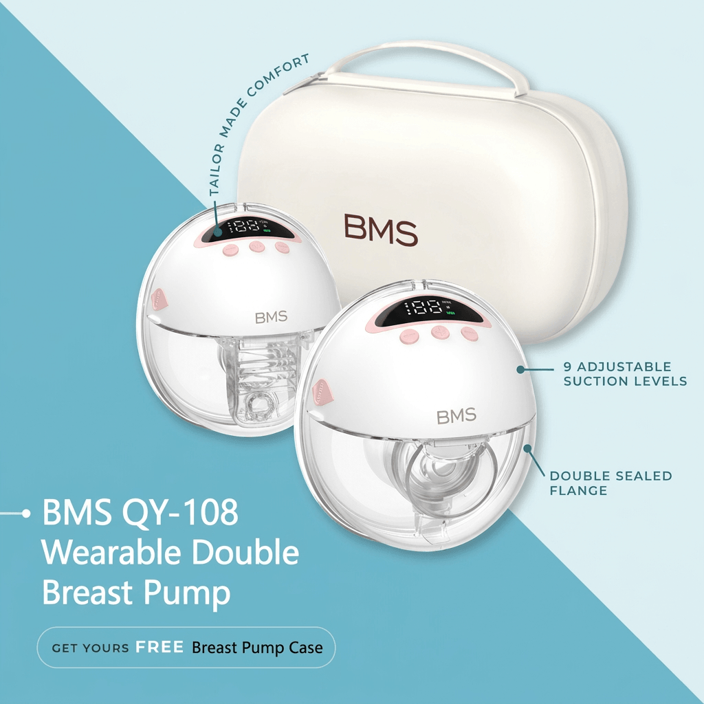 Wearable electric breast pump BMS QY-108 with double sealed flange and adjustable suction levels for modern moms.