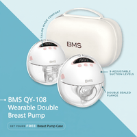 Wearable electric breast pump BMS QY-108 with double sealed flange and adjustable suction levels for modern moms.