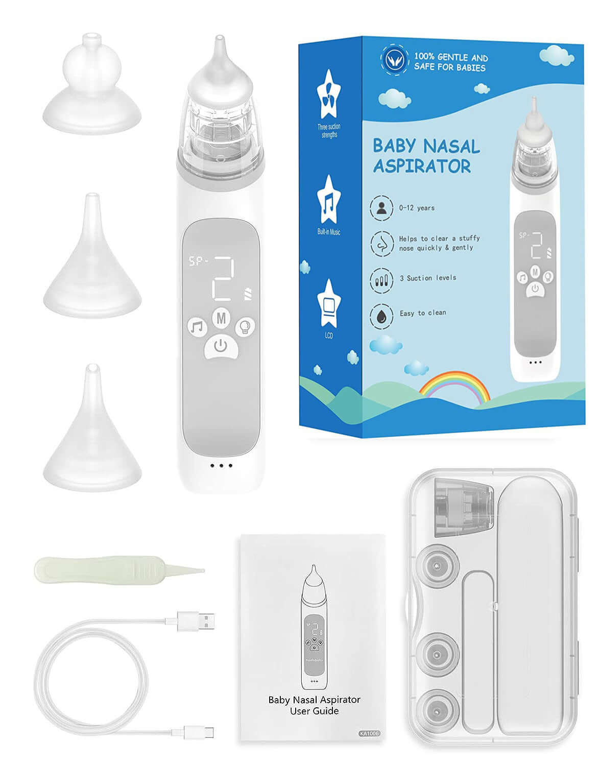 Baby nasal aspirator set with packaging, attachments, and user guide on a white background