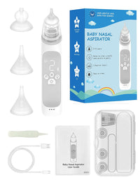 Baby nasal aspirator set with packaging, attachments, and user guide on a white background