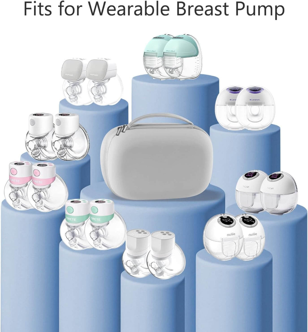 Breast pump carrying case displayed with various wearable breast pumps on podiums, showcasing fit and organization.