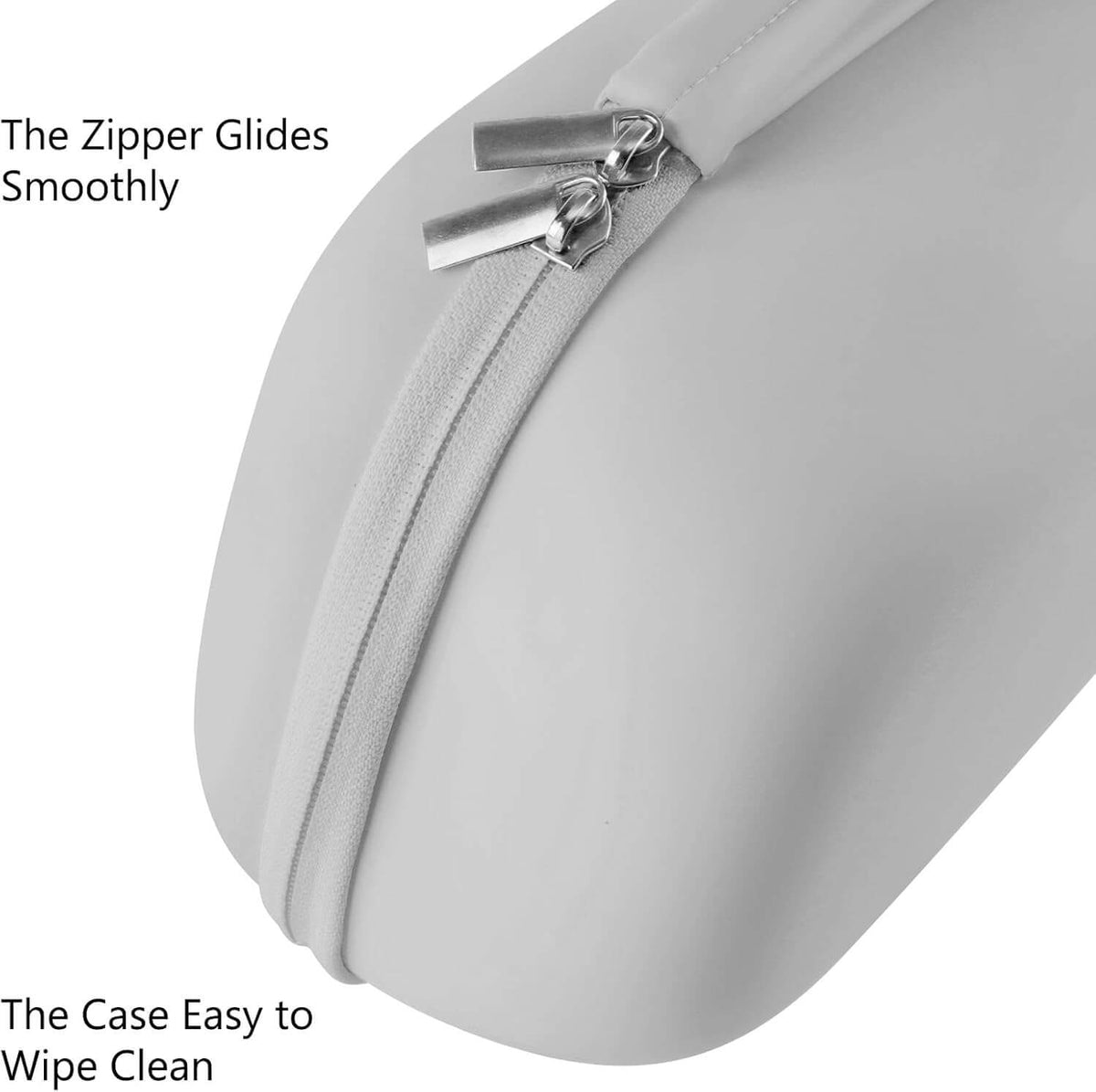 Breast pump carrying case zipper glides smoothly with easy-to-clean surface for convenient storage and travel.