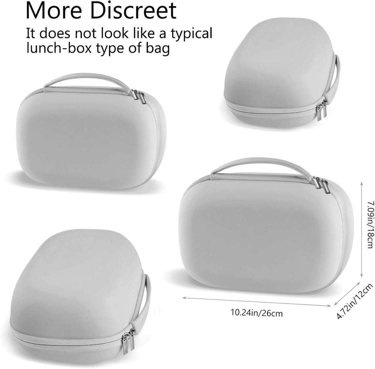 breast pump carrying case in grey color, compact design showing multiple angles, travel-friendly and discreet.