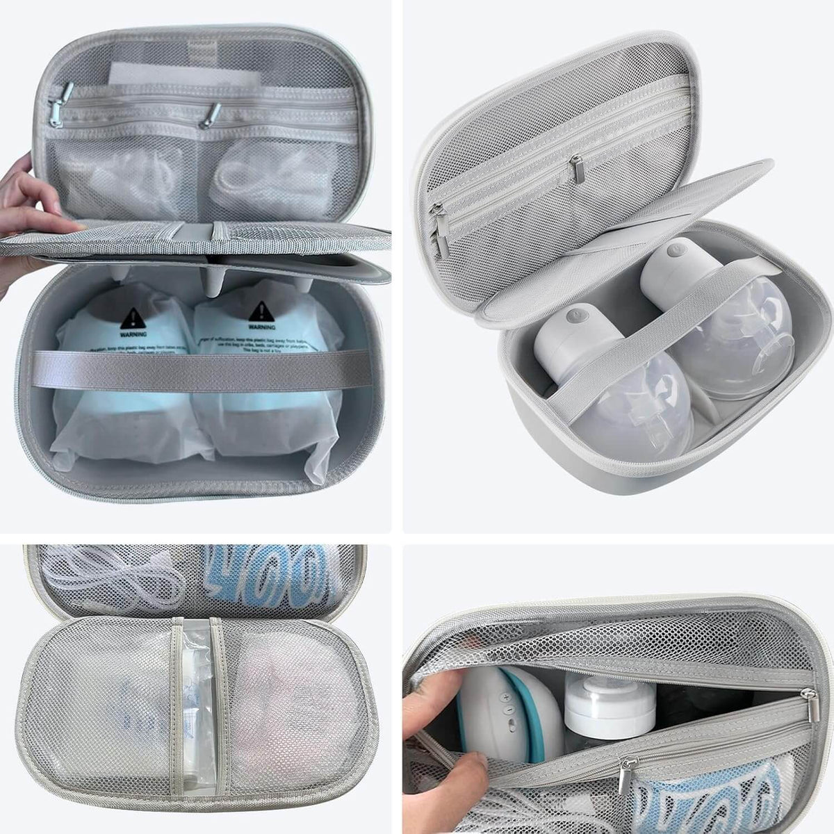 Breast pump carrying case with organized compartments for pumps and accessories, designed for travel convenience.