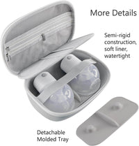 Breast pump carrying case with two pumps shown inside, featuring semi-rigid construction and detachable molded tray.