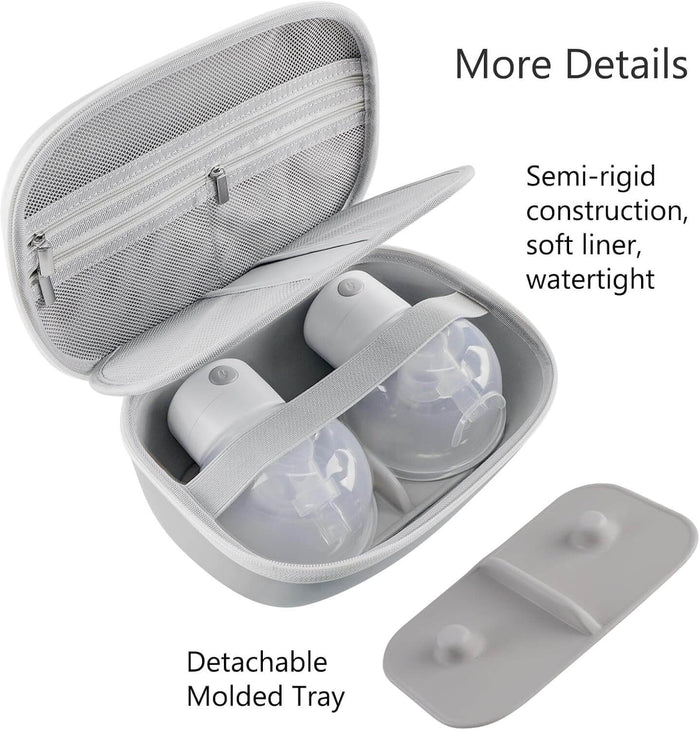 Breast pump carrying case with two pumps shown inside, featuring semi-rigid construction and detachable molded tray.
